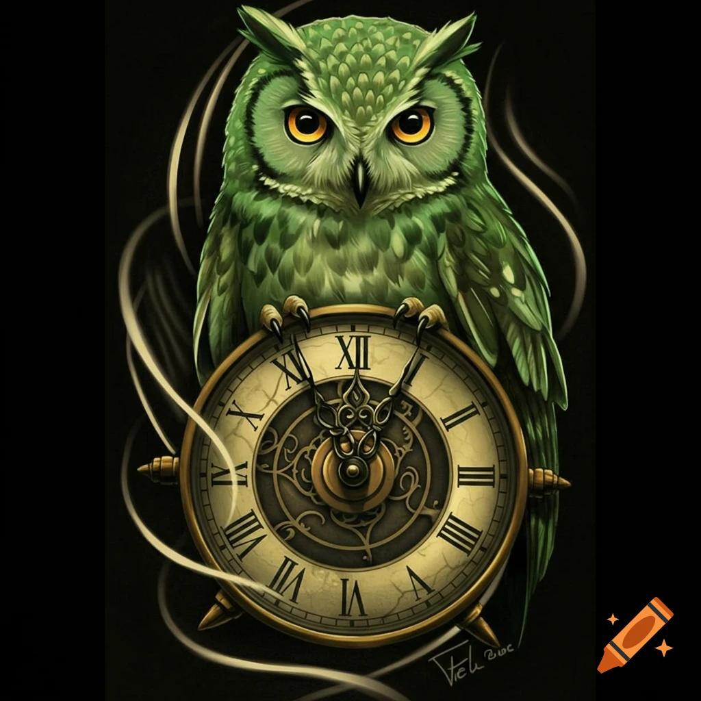 A green owl perches on a vintage clock face.