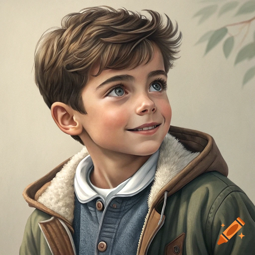 A close-up portrait of a young boy with brown hair and blue eyes, looking upwards with a smile.