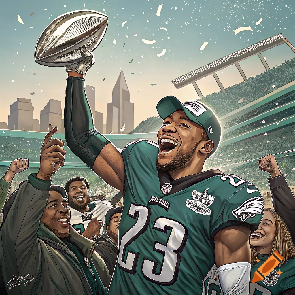 Illustration of a football player in an Eagles jersey holding a trophy in a crowded stadium.
