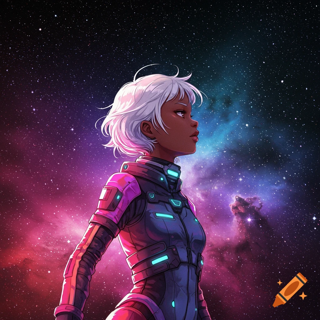 A person in a cyberpunk suit looks out at a vibrant space background.
