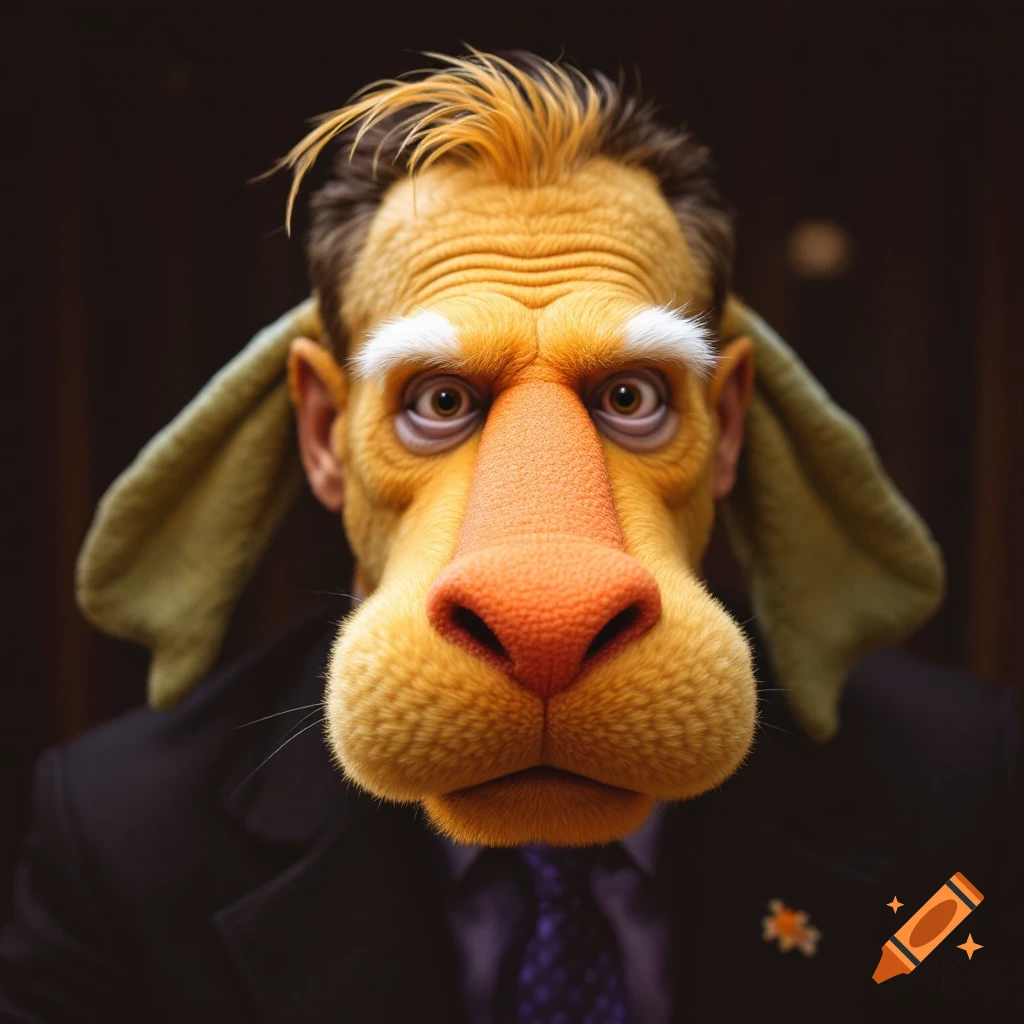 Stylized portrait of a figure with dog features, wearing a suit and tie.