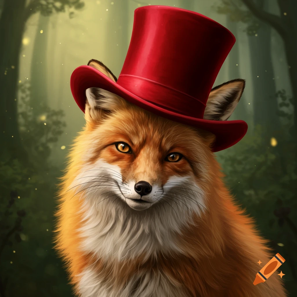 A fox wearing a red top hat in a forest background.