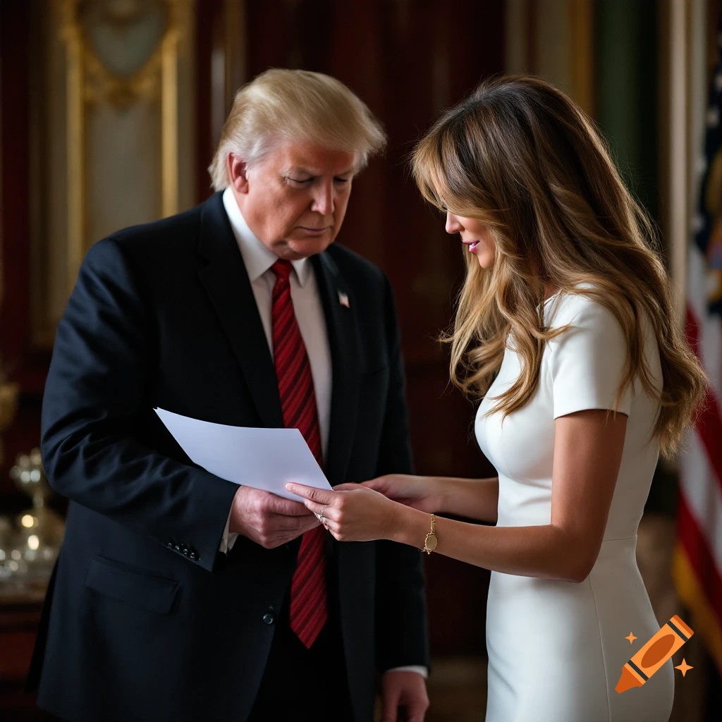 Donald and Melania Trump look at papers together in a room.