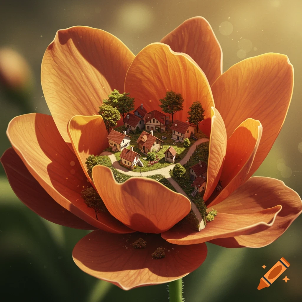 A miniature village of bungalows nestled inside a large orange flower petal.
