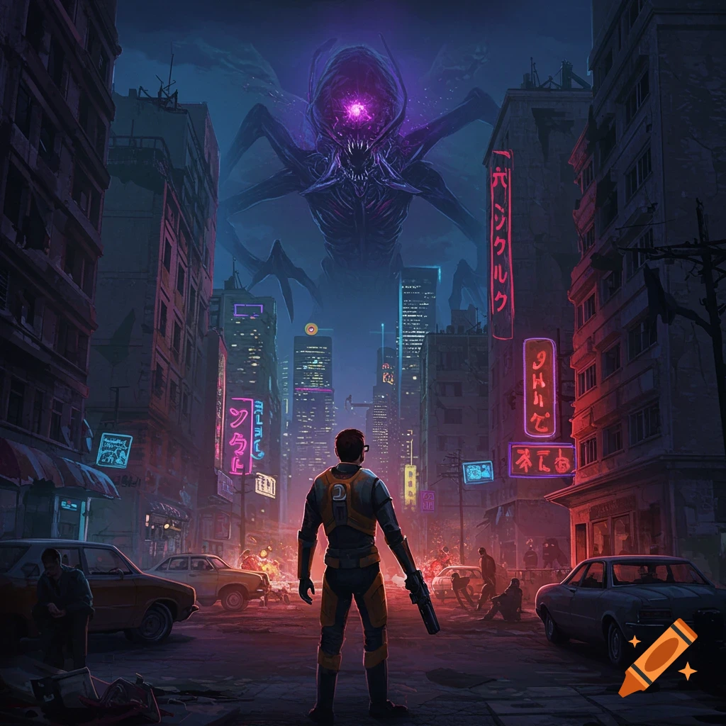 A person in a futuristic suit faces a giant monster in a neon-lit sci-fi city street.