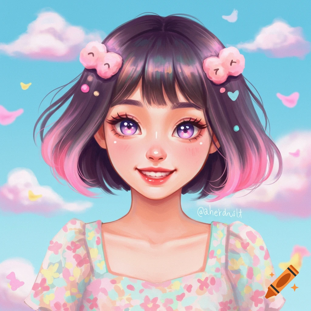 A cute girl with purple eyes, pink hair streaks, and flowers in her hair, smiling against a cloudy sky.