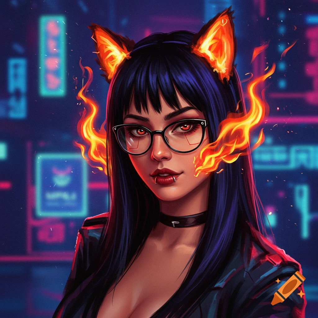 Portrait of a woman with cat ears on fire, black glasses, and red eyes, set against a neon cyberpunk background.