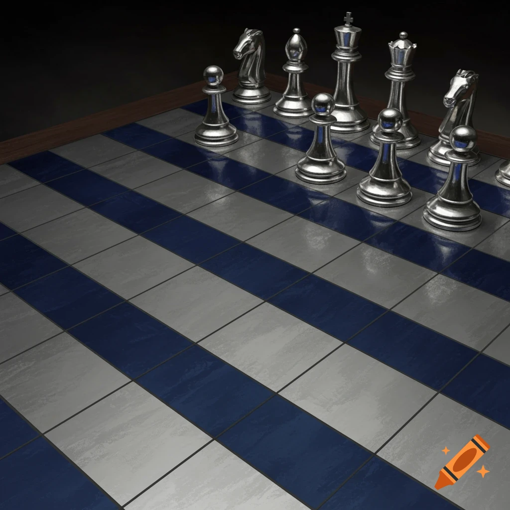 A chessboard with silver pieces on blue and silver squares.