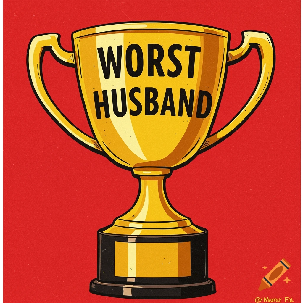A gold trophy with 'WORST HUSBAND' on it against a red background.