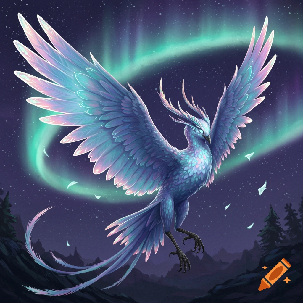 Iridescent fantasy bird with large wings flying under aurora borealis in a starry night sky.