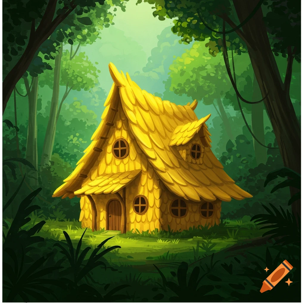 A house with a yellow thatched roof in a green forest.