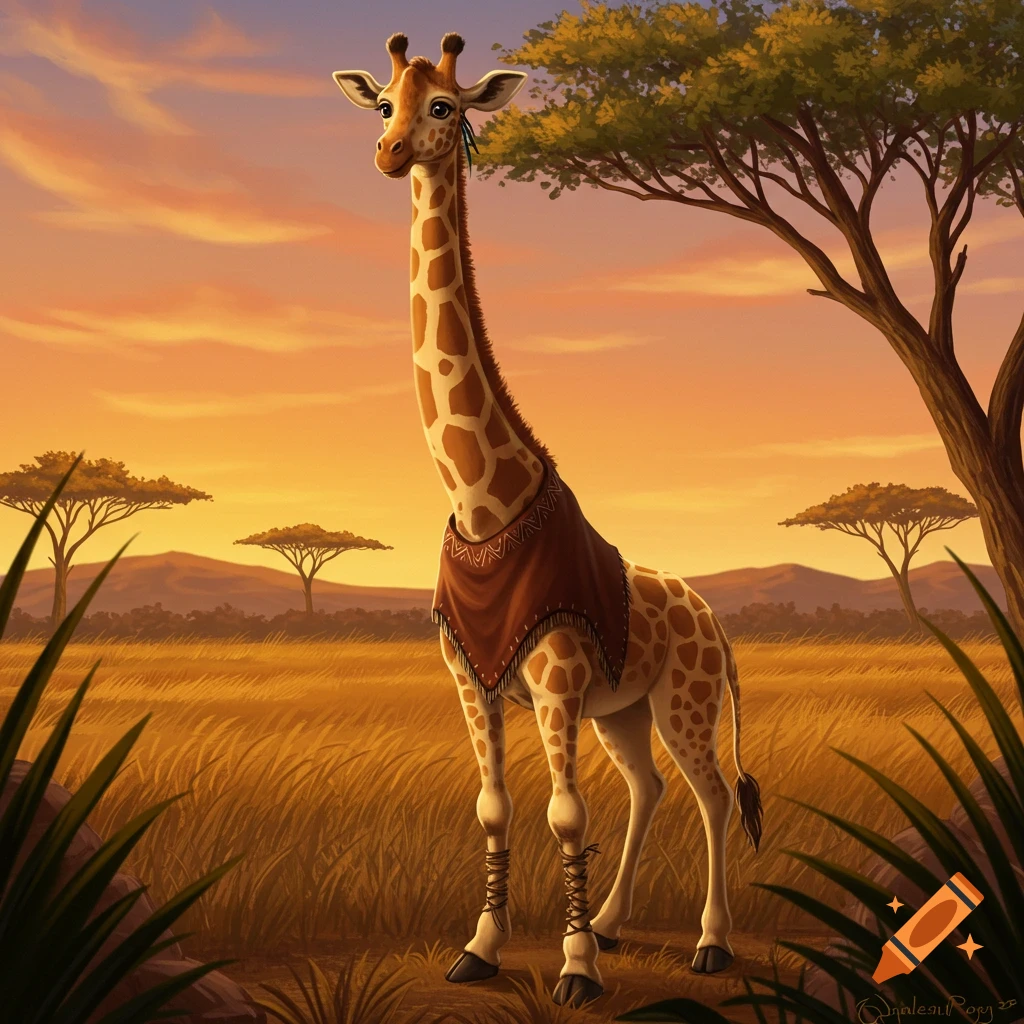 A humanized giraffe wearing a shawl and leg wraps stands in a savanna at sunset.
