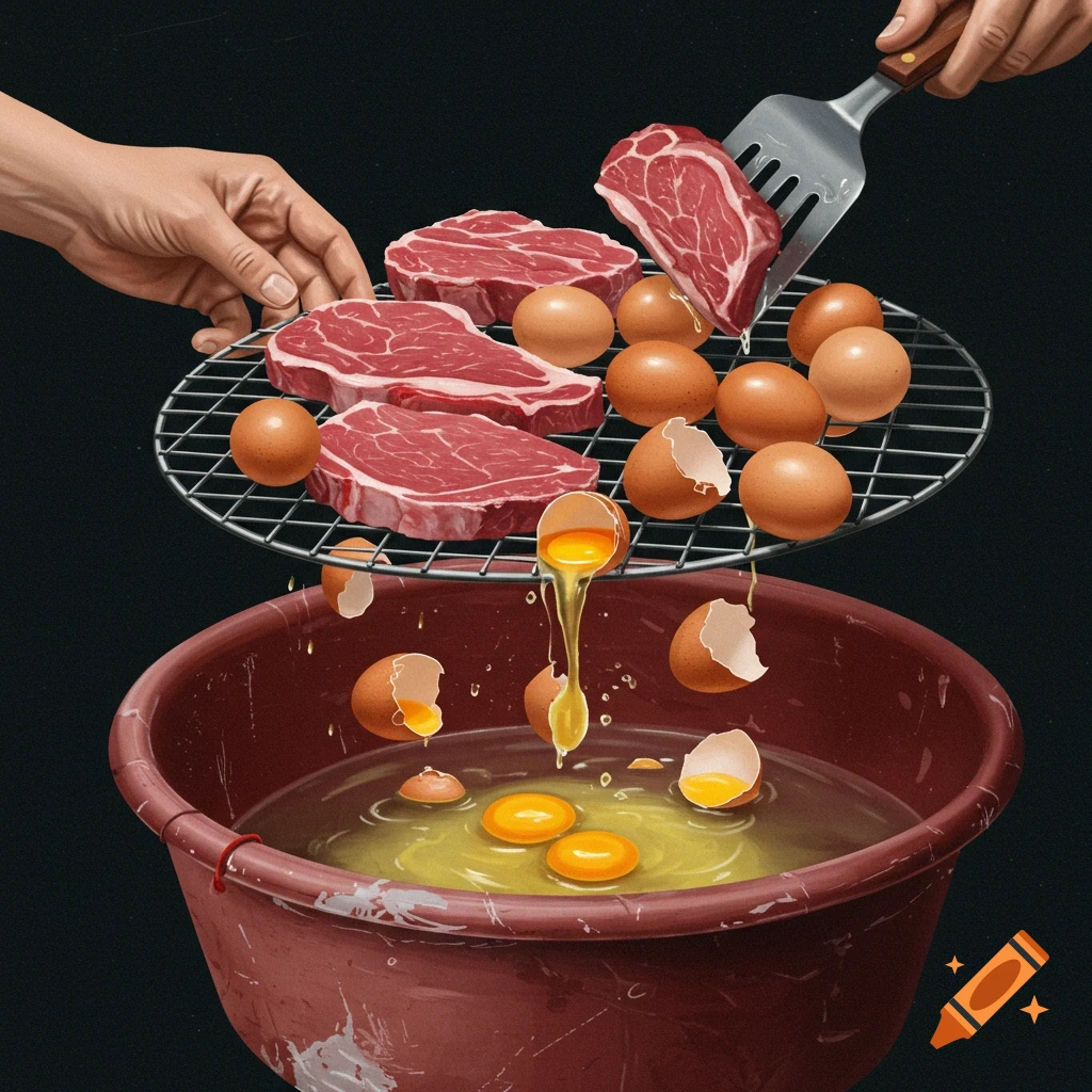 Hands preparing meat and eggs over a red tub.