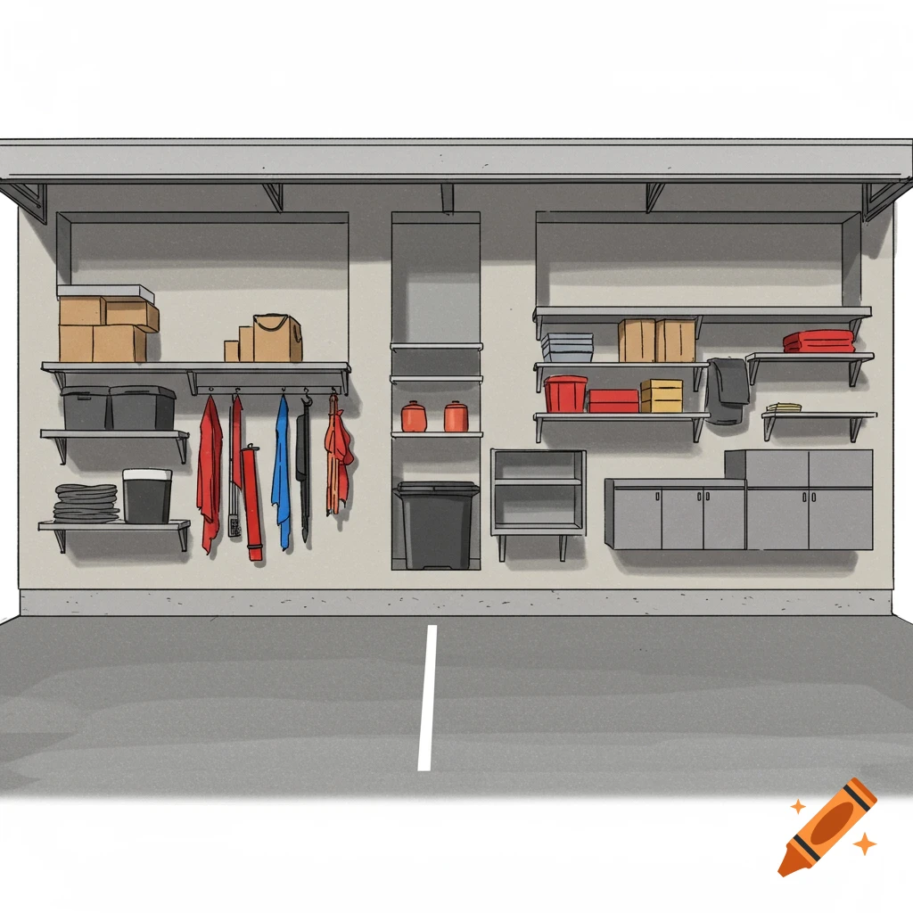 An organized garage interior with shelves, cabinets, and stored items.