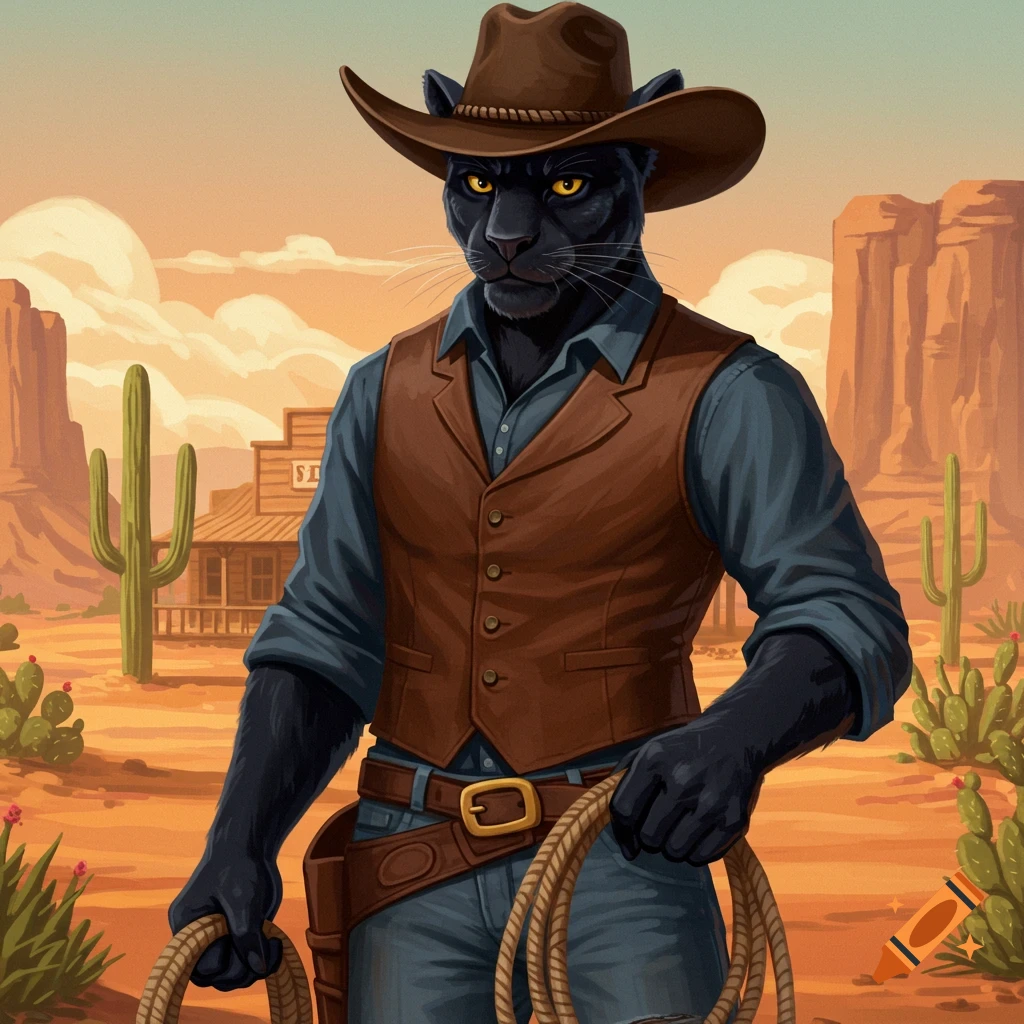 Anthropomorphic black panther cowboy standing in a desert landscape, holding a rope.