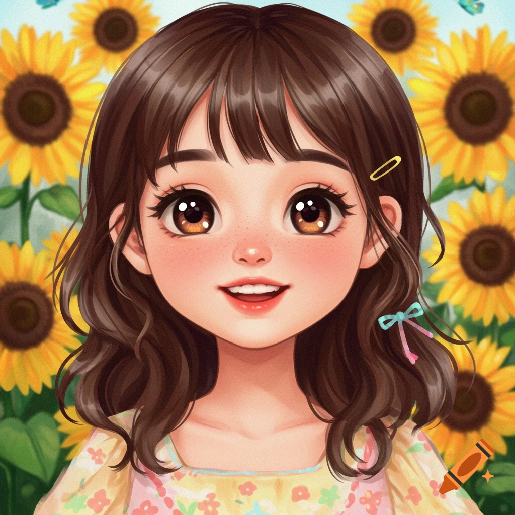 A cute cartoon portrait of a young girl in anime style, smiling with brown hair, set against a background of sunflowers.