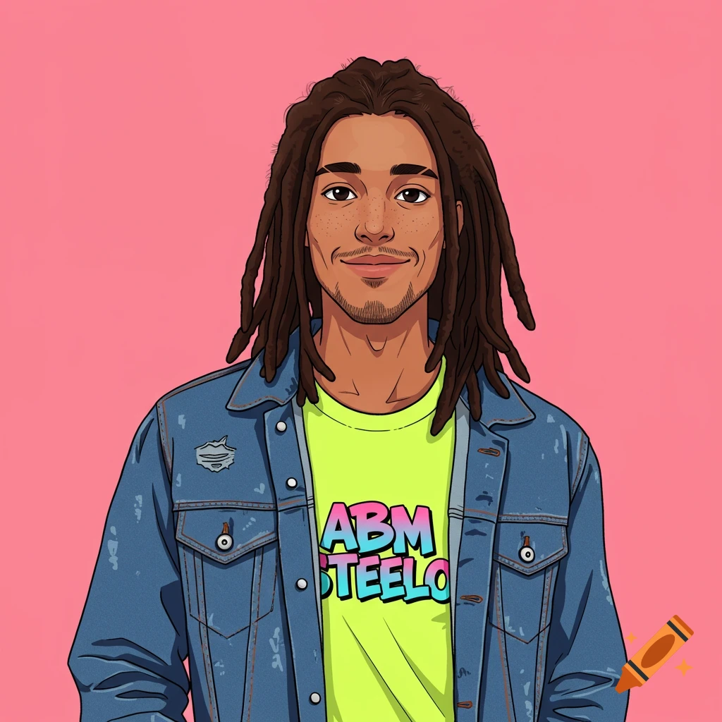 Cartoon portrait of a man with dreadlocks, wearing a denim jacket and a t-shirt with "ABM STEELO" text.