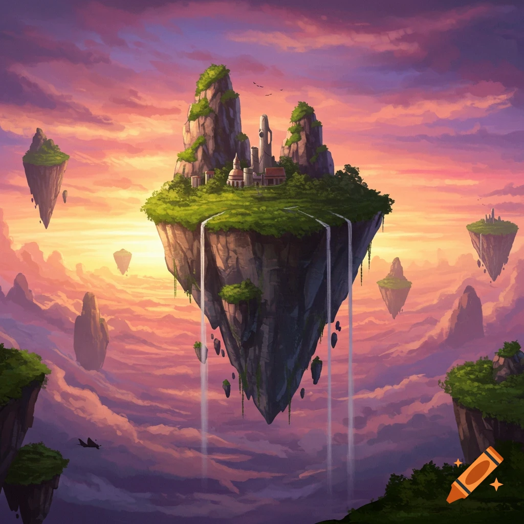 Floating islands with waterfalls and buildings at sunset