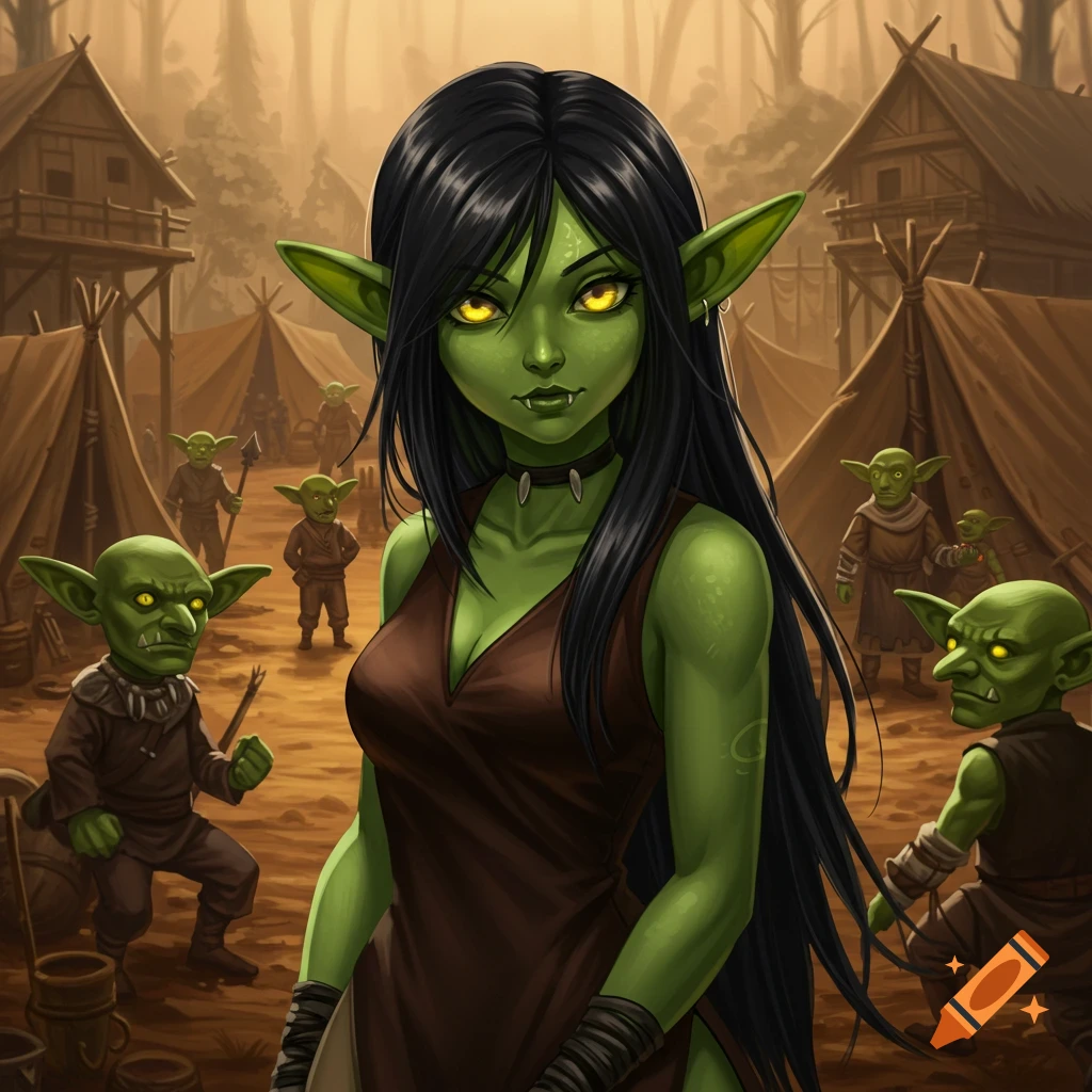 An anime-style illustration of a green-skinned goblin woman with long black hair and yellow eyes, standing in a goblin camp with other goblins.