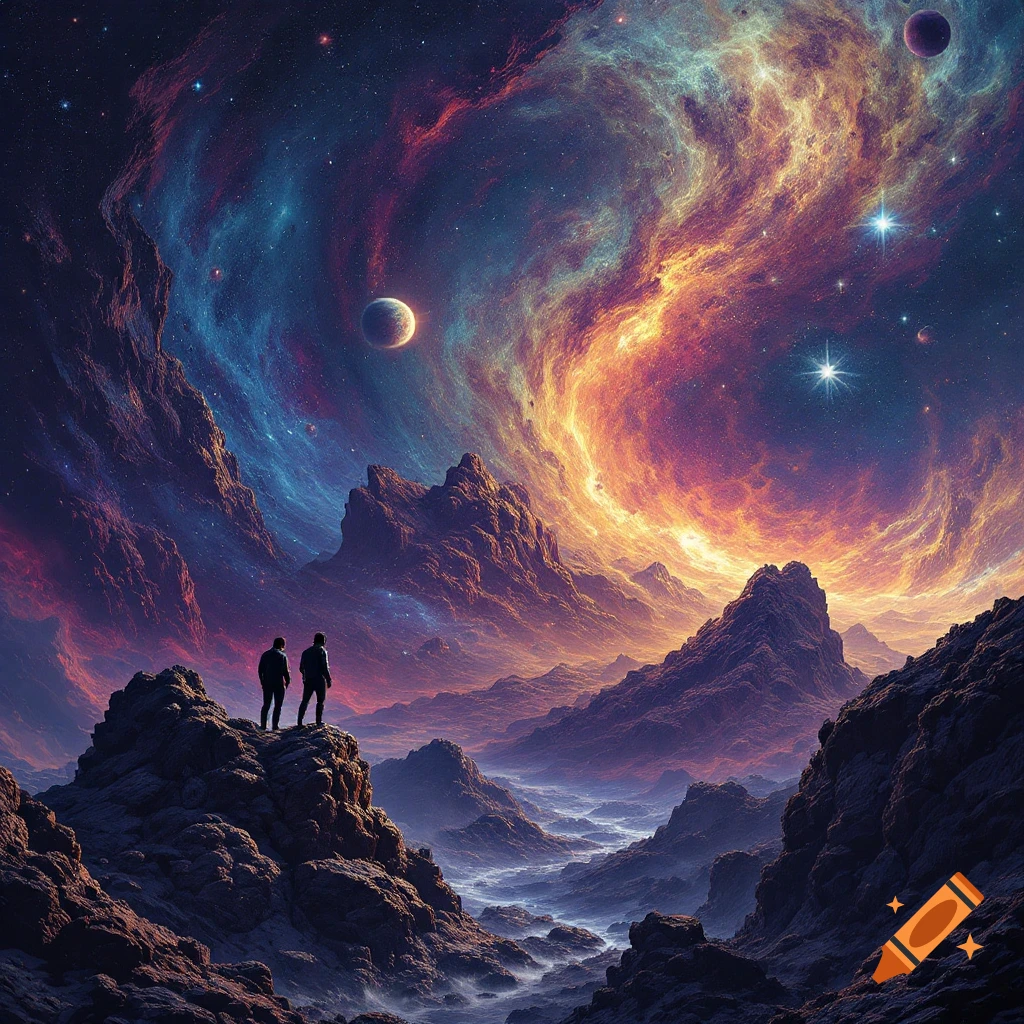 Two figures stand on a rocky peak, looking out at a colorful nebula, planets, and starry space.