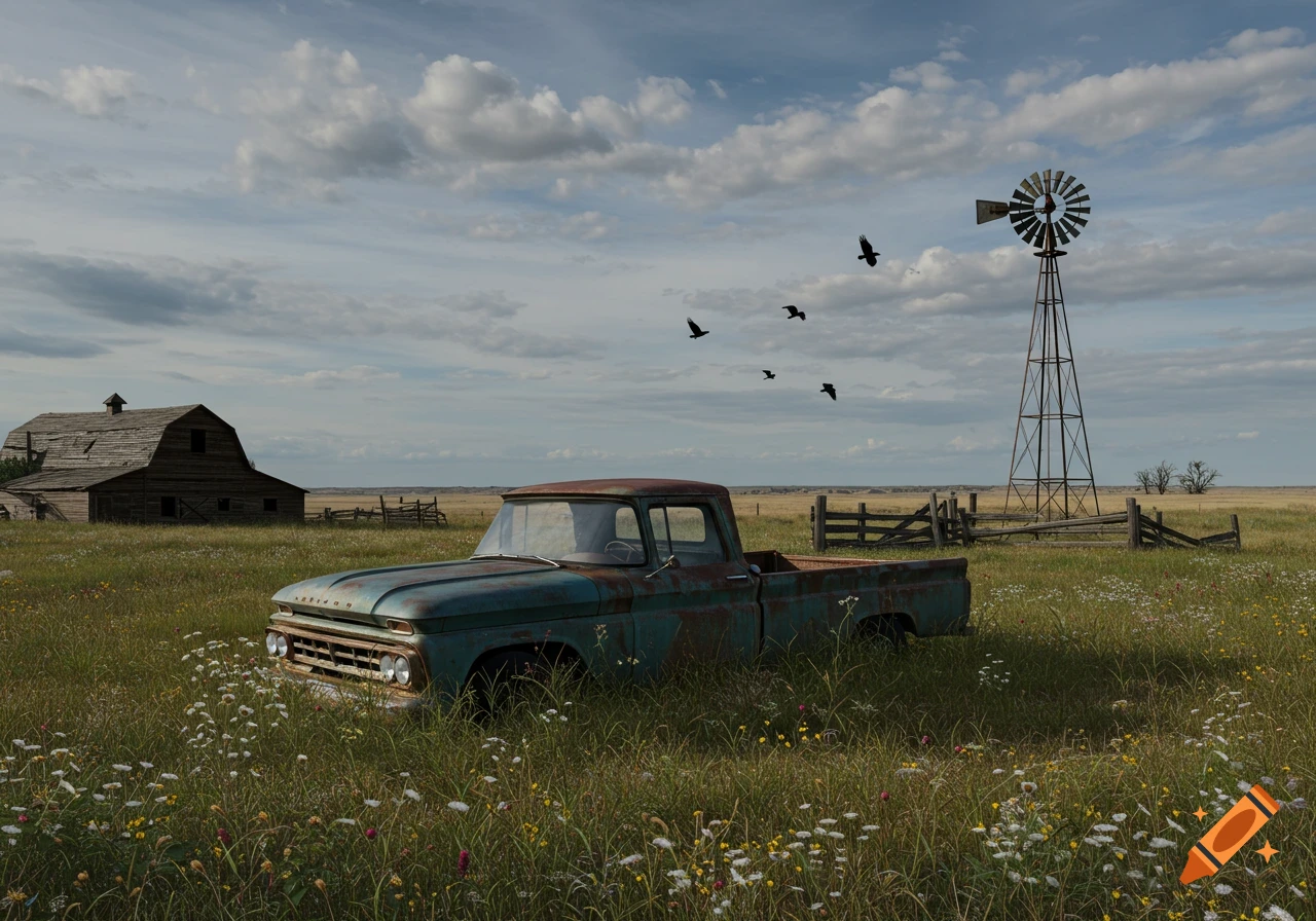 Old rusty pickup truck in a grassy field with a barn, windmill, and flying birds.