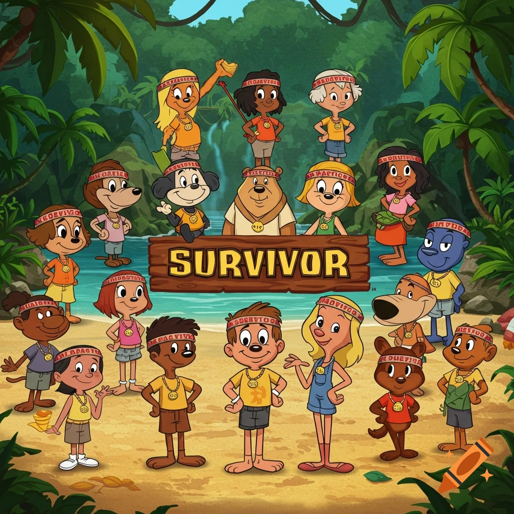 2D cartoon illustration of classic characters on a tropical island for a reality show, with a sign that says SURVIVOR.