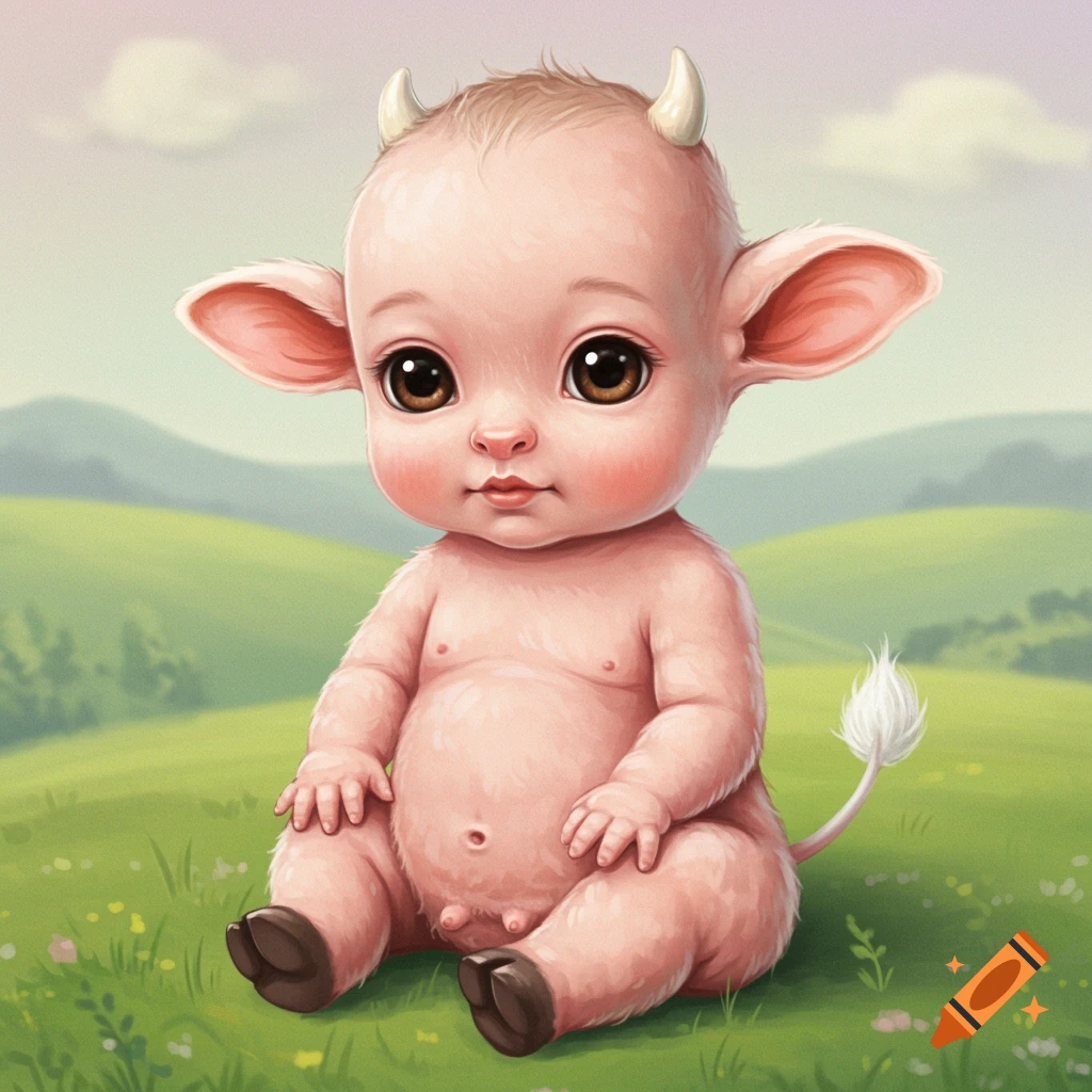 A baby cow-elf creature sits in a grassy field.
