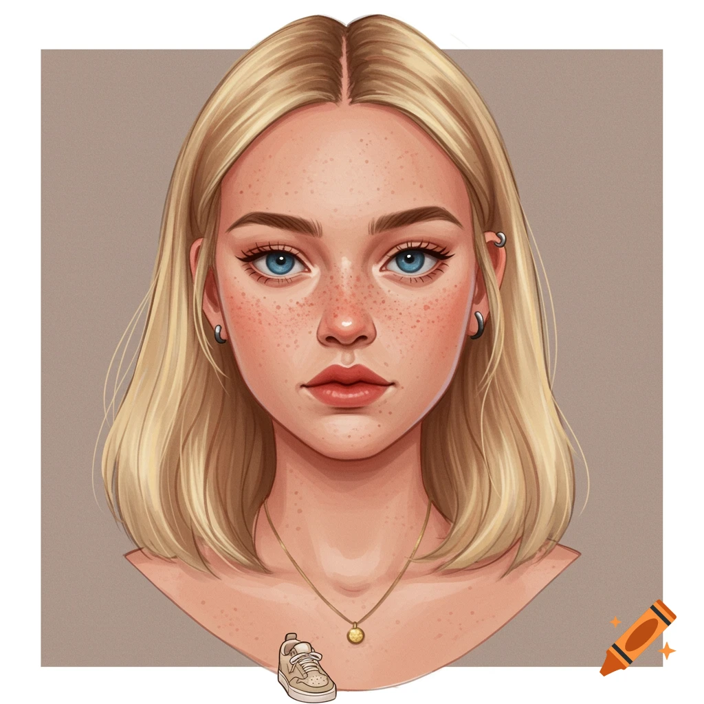 Portrait of a young woman with blonde hair, blue eyes, and freckles wearing a necklace and earrings.