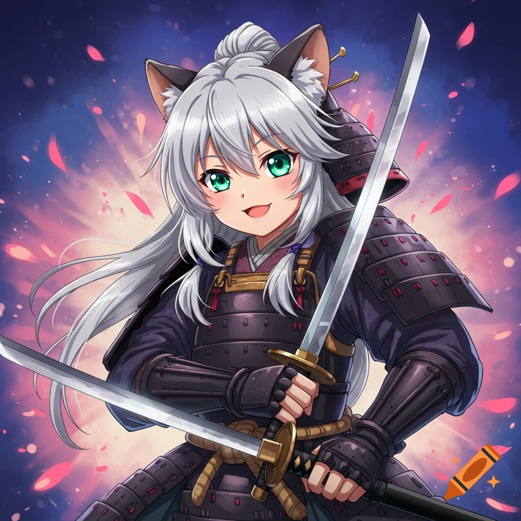 Anime cat girl in samurai armor holds two katanas.