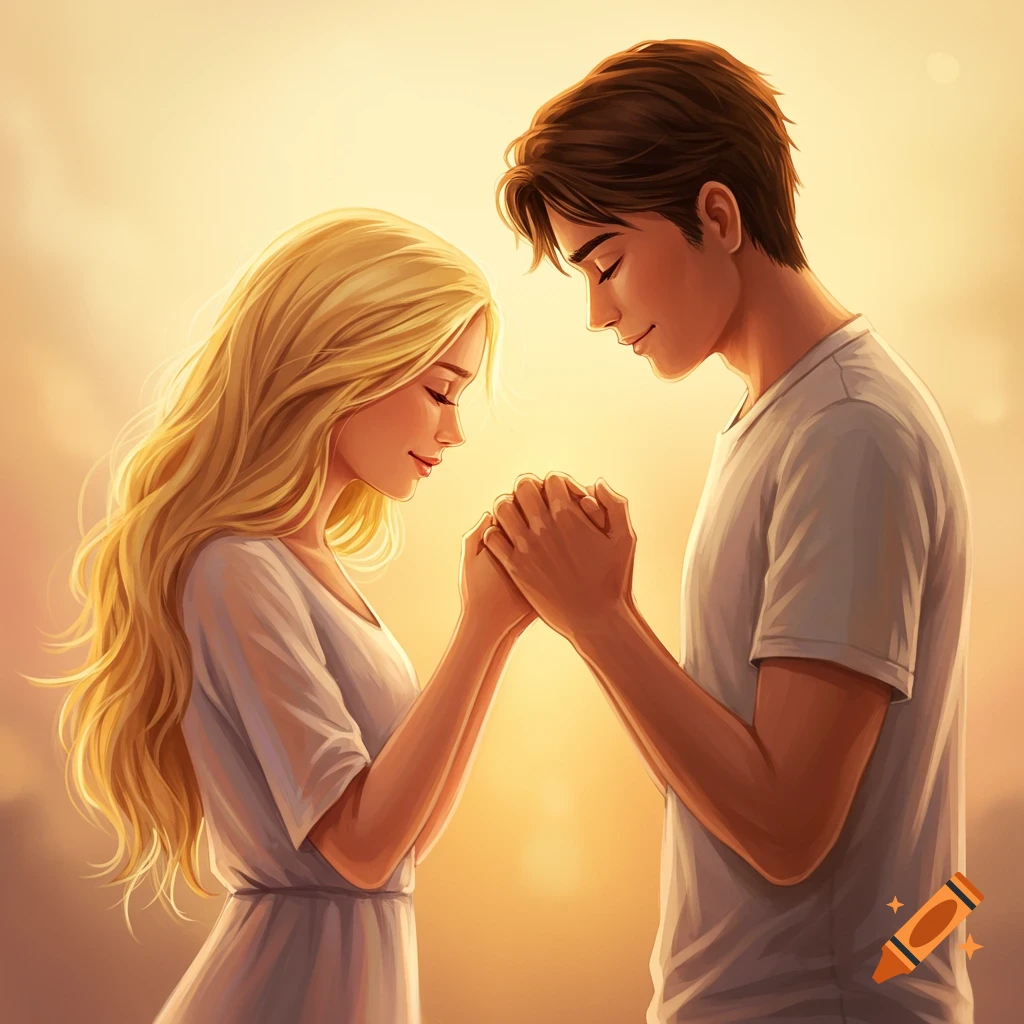 A young couple is holding hands in warm sunlight.