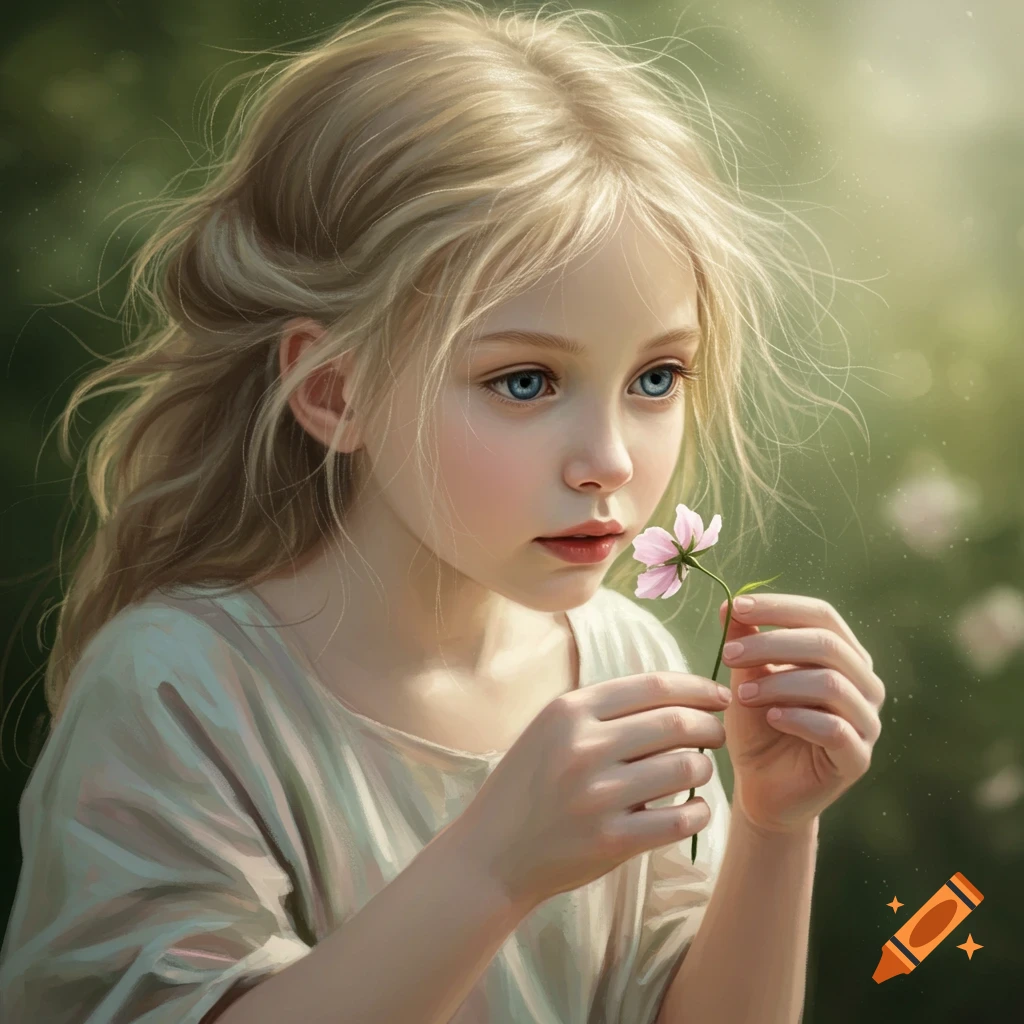 Realistic painting of a young blonde girl holding a pink flower.