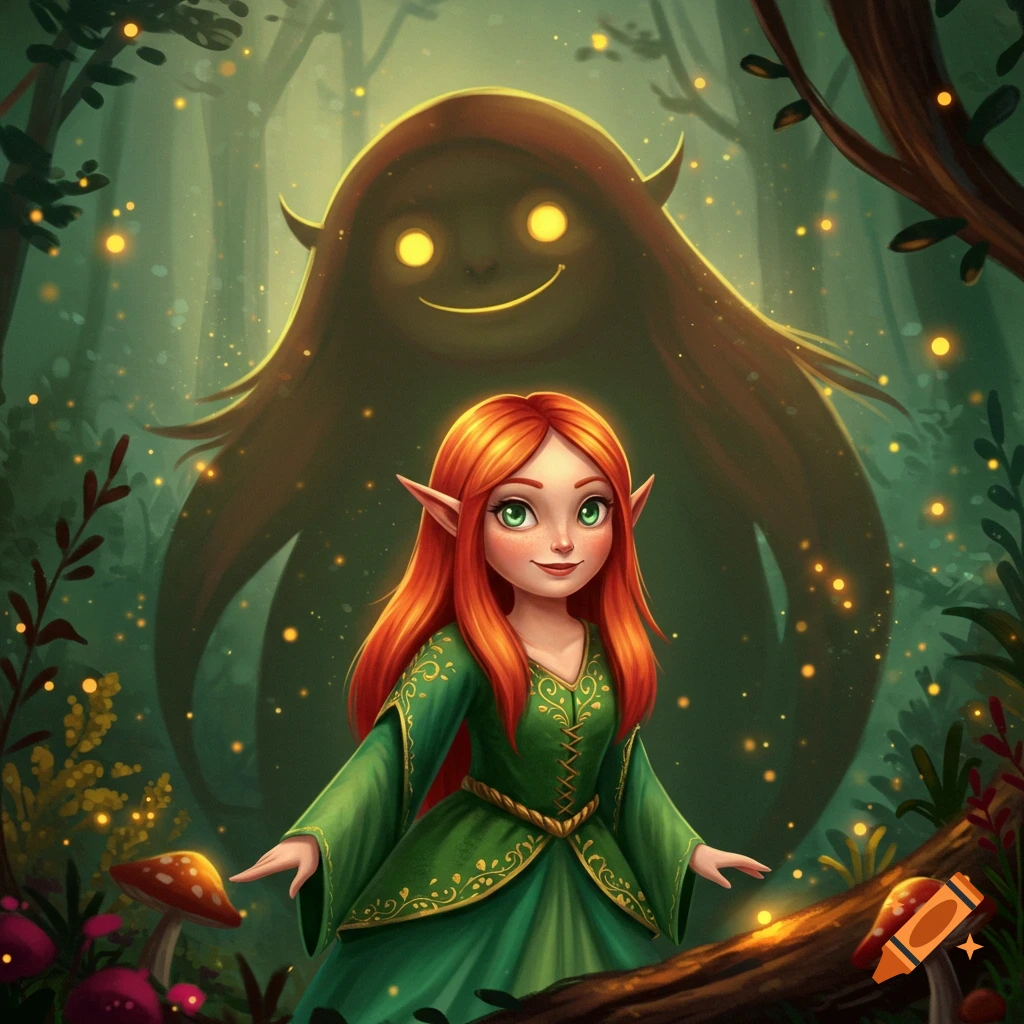 A bubbly red-haired elf in a green dress stands in a forest with a friendly looming shadow figure behind her.
