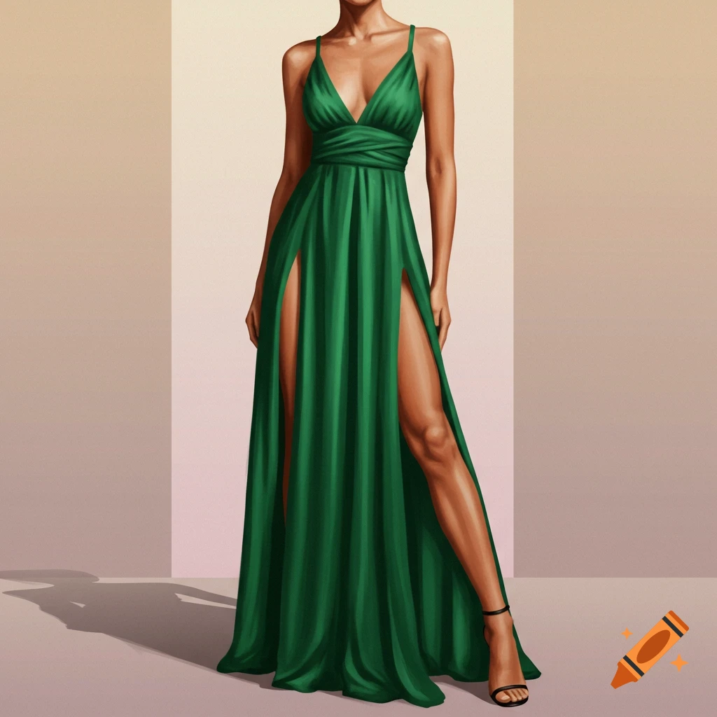 A woman in a green double split maxi dress.
