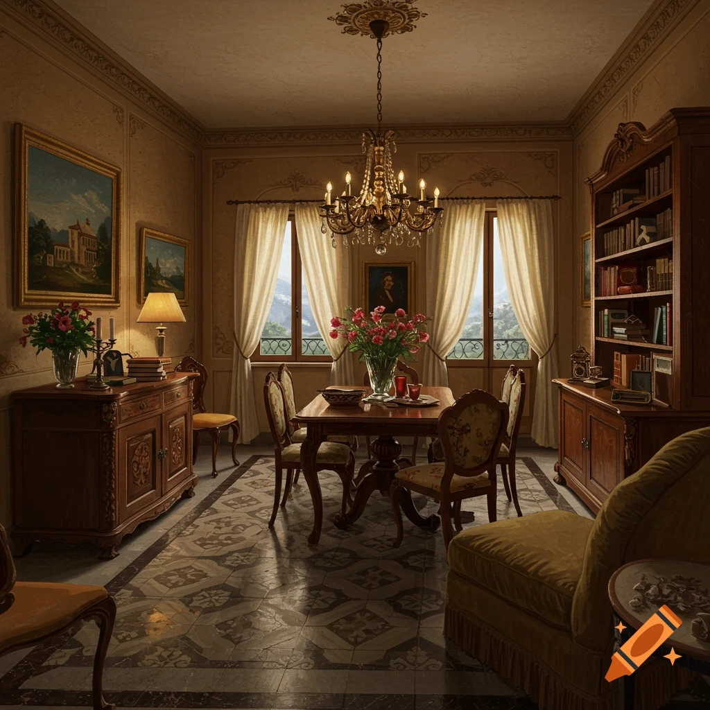 Lavish dining room in an Italian home with a chandelier, dining table, bookshelf, and view from windows.
