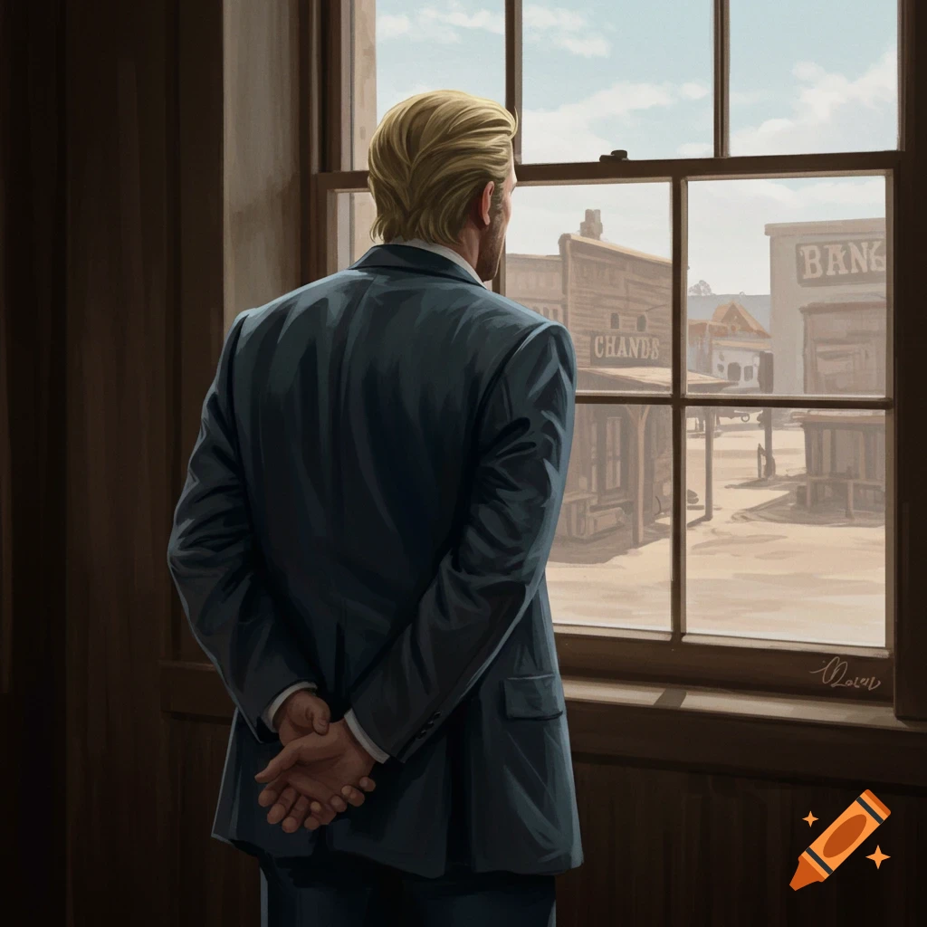 A man in a suit looks out a window at a western town street scene.
