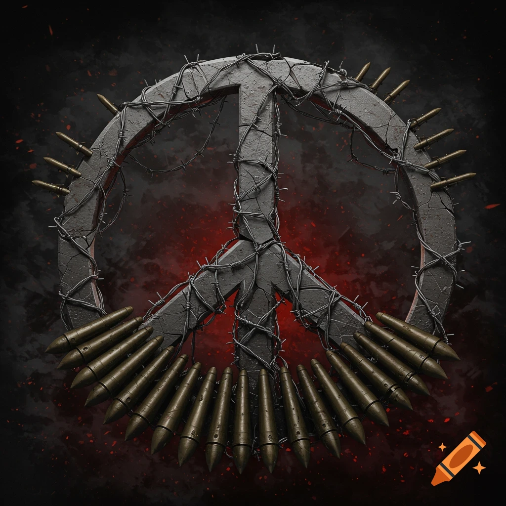 Symbolic peace sign made from barbed wire and bullets against a dark, gritty background.