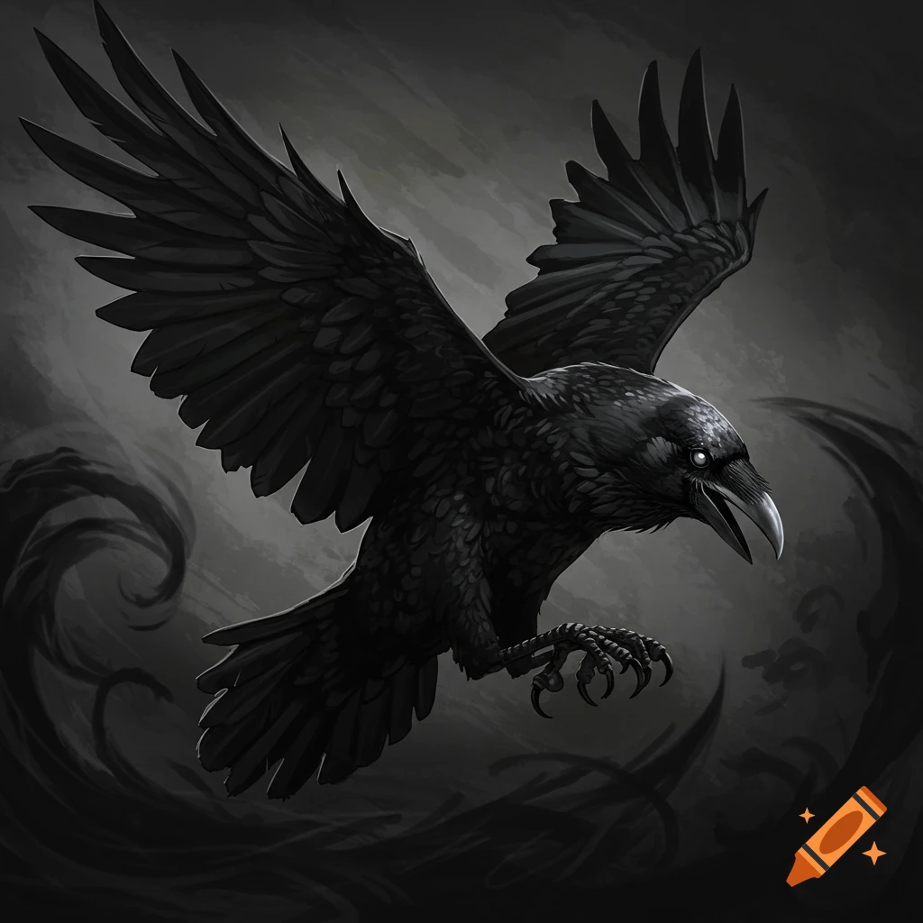 A black raven with spread wings flying