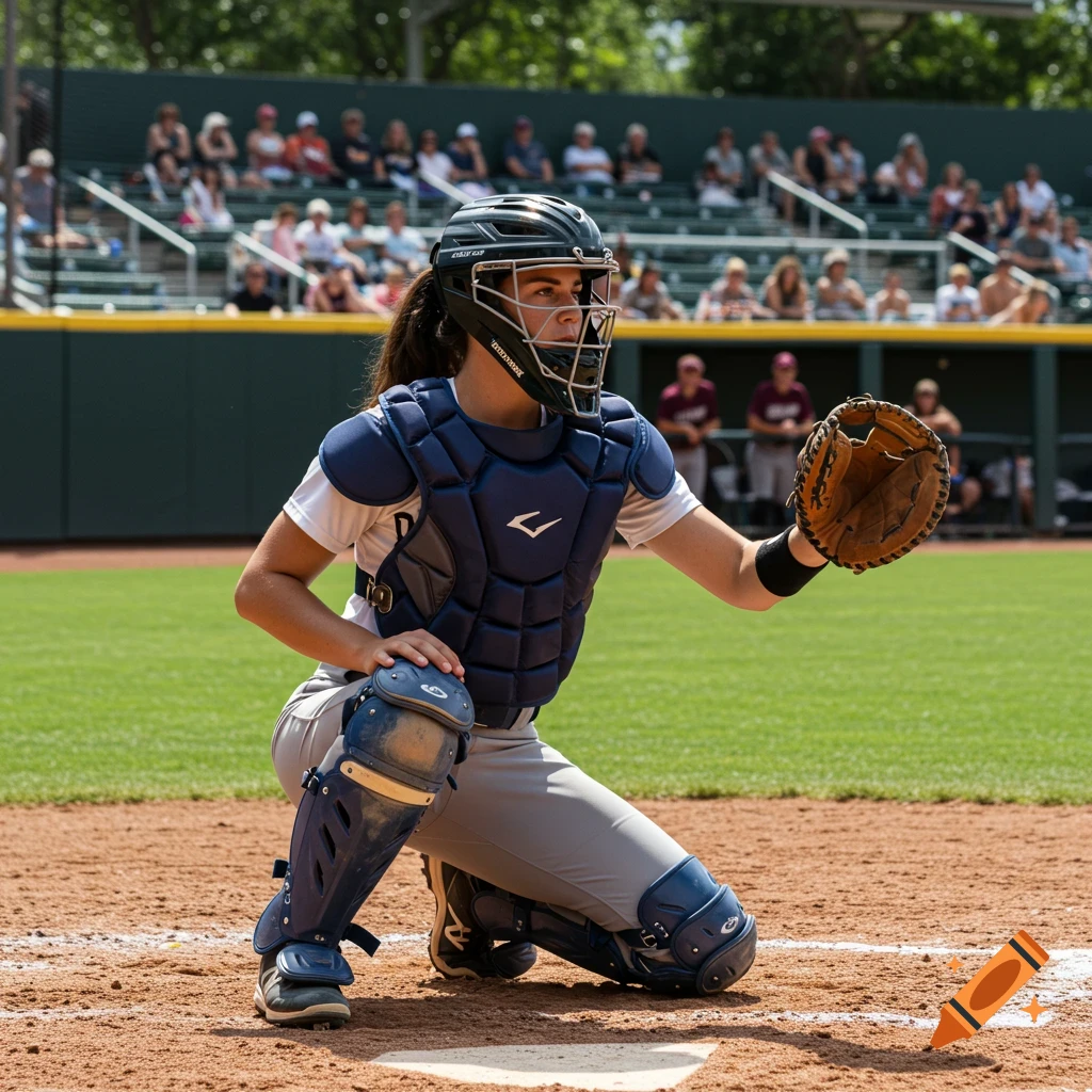 A female baseball catcher in full gear crouches on a field