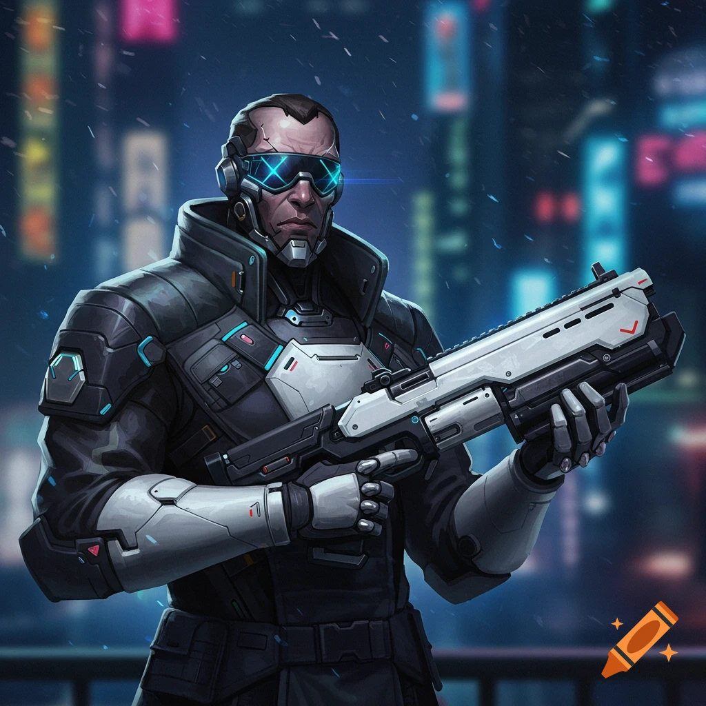 A man in futuristic armor and glowing goggles holding a sci-fi rifle in a rainy cyberpunk city.