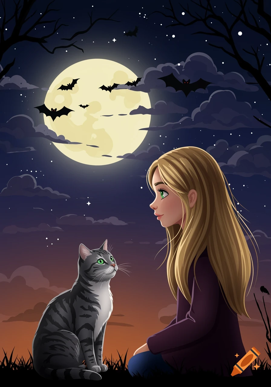A vector illustration of a girl and a cat looking at each other under a full moon with bats flying.