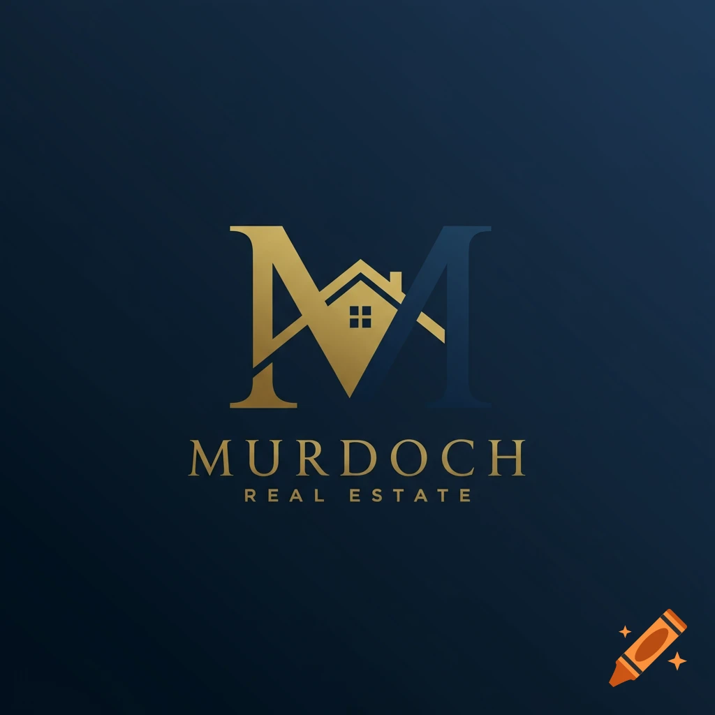 Gold and blue logo with a large stylized M incorporating a house symbol, and text 'MURDOCH REAL ESTATE' below.
