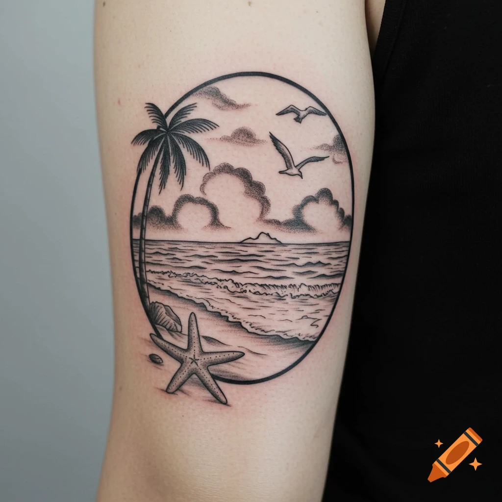 Black and white line drawing tattoo on arm: beach scene with palm tree, waves, starfish, seagulls, inside a circle.