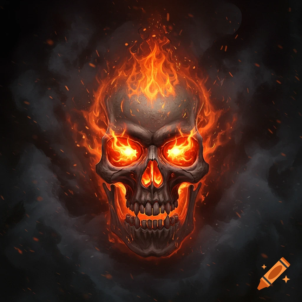 A skull engulfed in fire and smoke