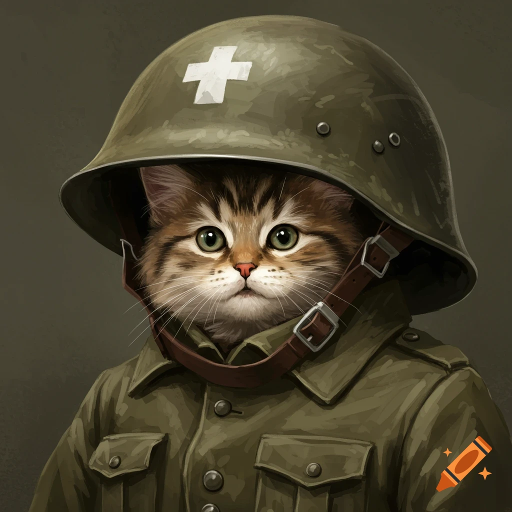 A fluffy kitten wearing an oversized military helmet with a white cross and a green uniform.