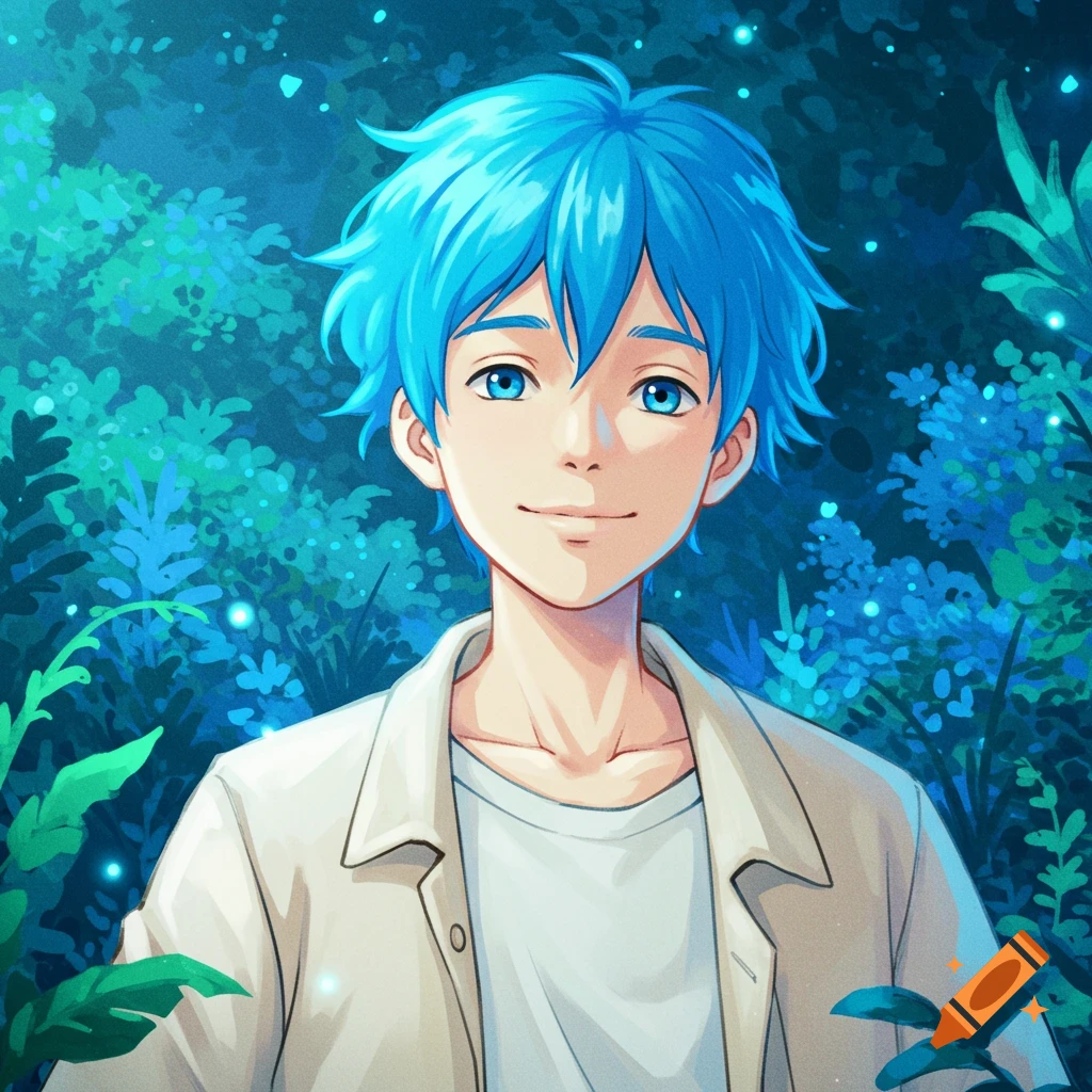 An anime-style portrait of a young man with blue hair in a forest setting.