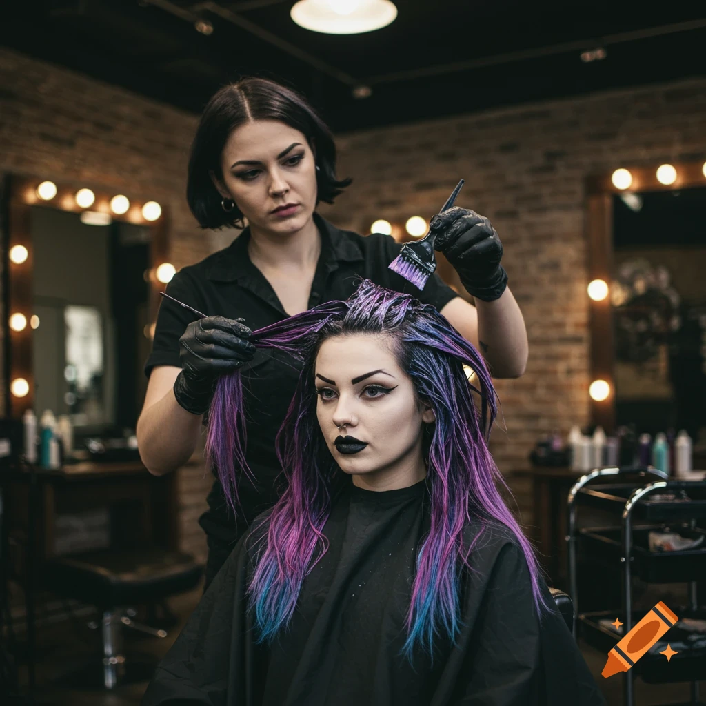 Stylist dyes a woman's hair purple and blue in a salon.