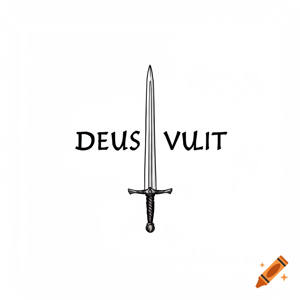 Illustration of a sword with the text DEUS VULT on a white background
