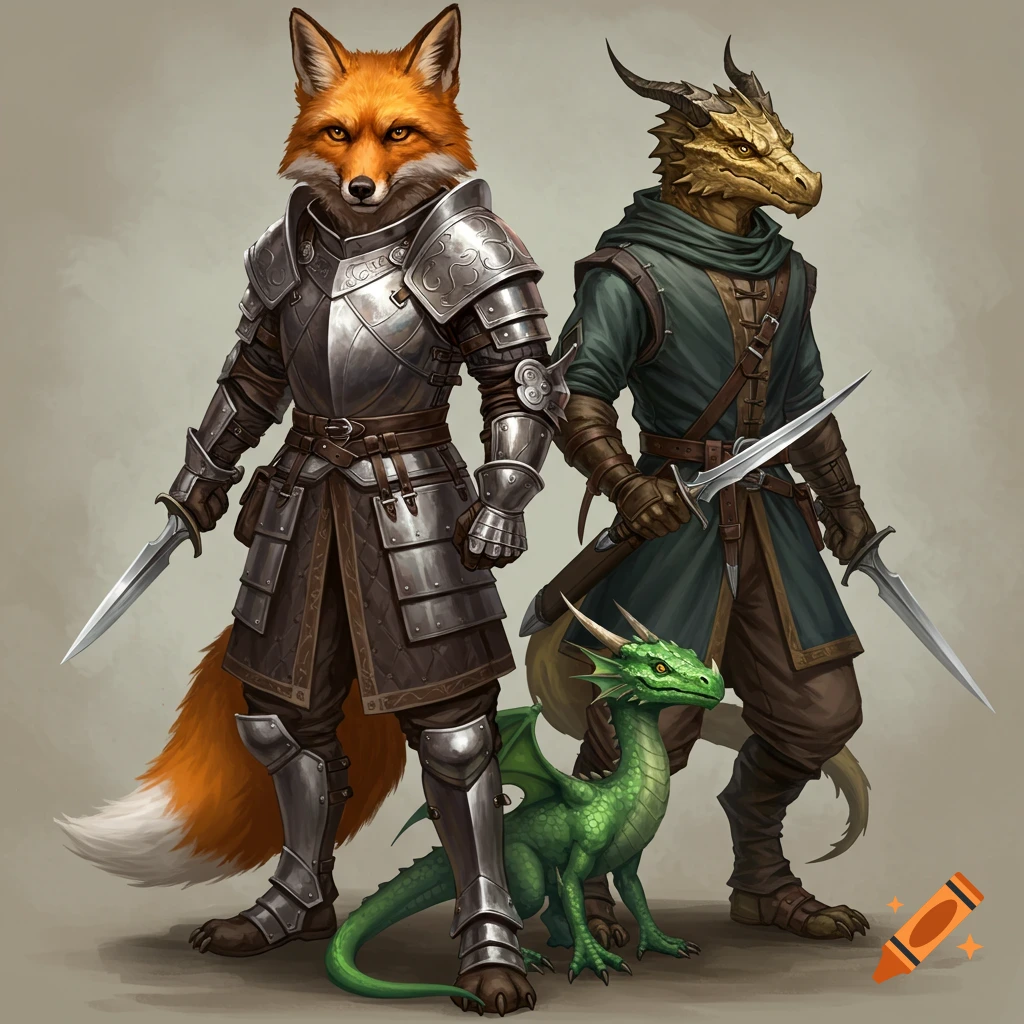 A fox warrior in armor, a dragonborn rogue with daggers, and a small green dragon pet.
