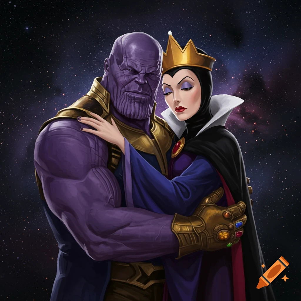 Thanos embracing the Evil Queen against a starry background.