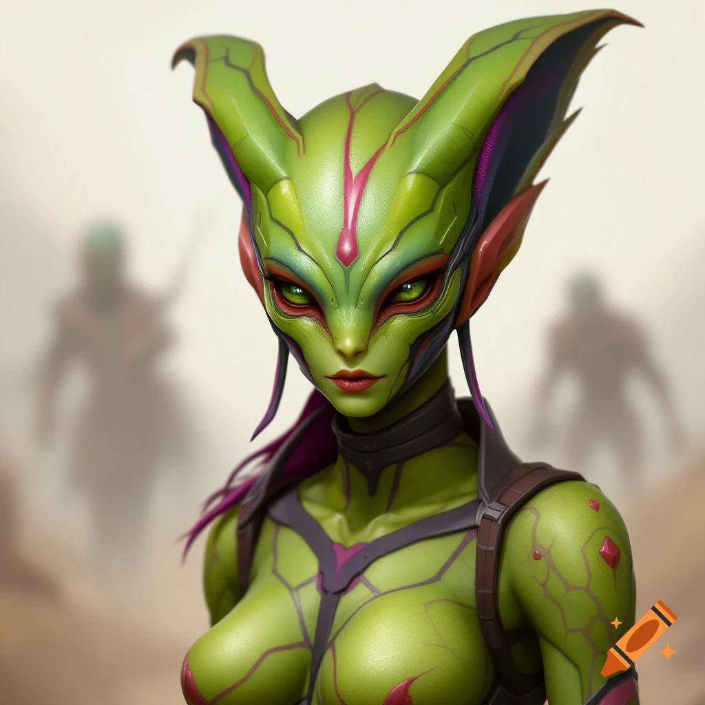 Portrait of a green alien character with large ears and red eyes, in a desert setting.